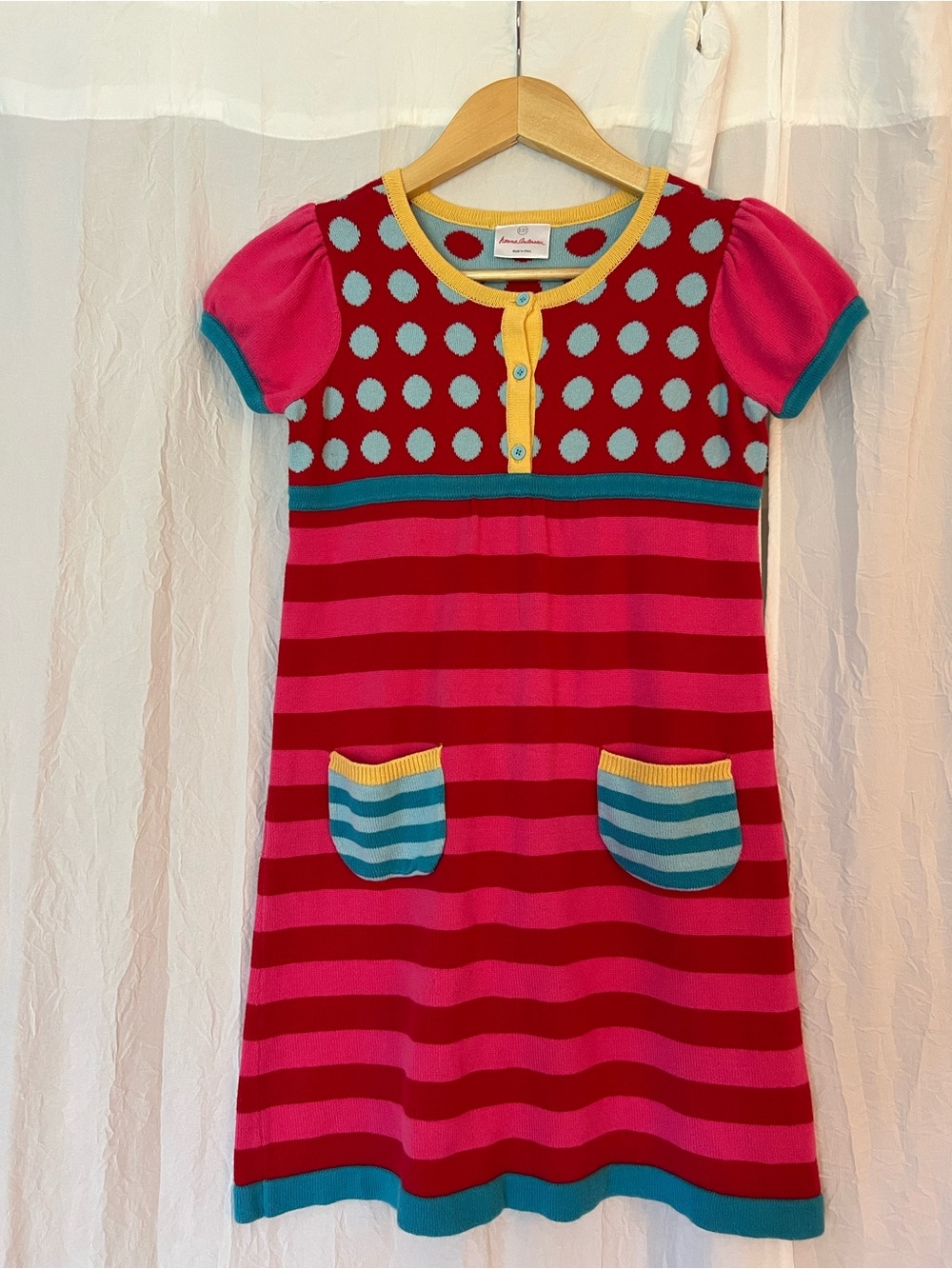 Hanna Andersson Knit Sweater Dress Size 8 Pink Striped Polka Dot Pockets